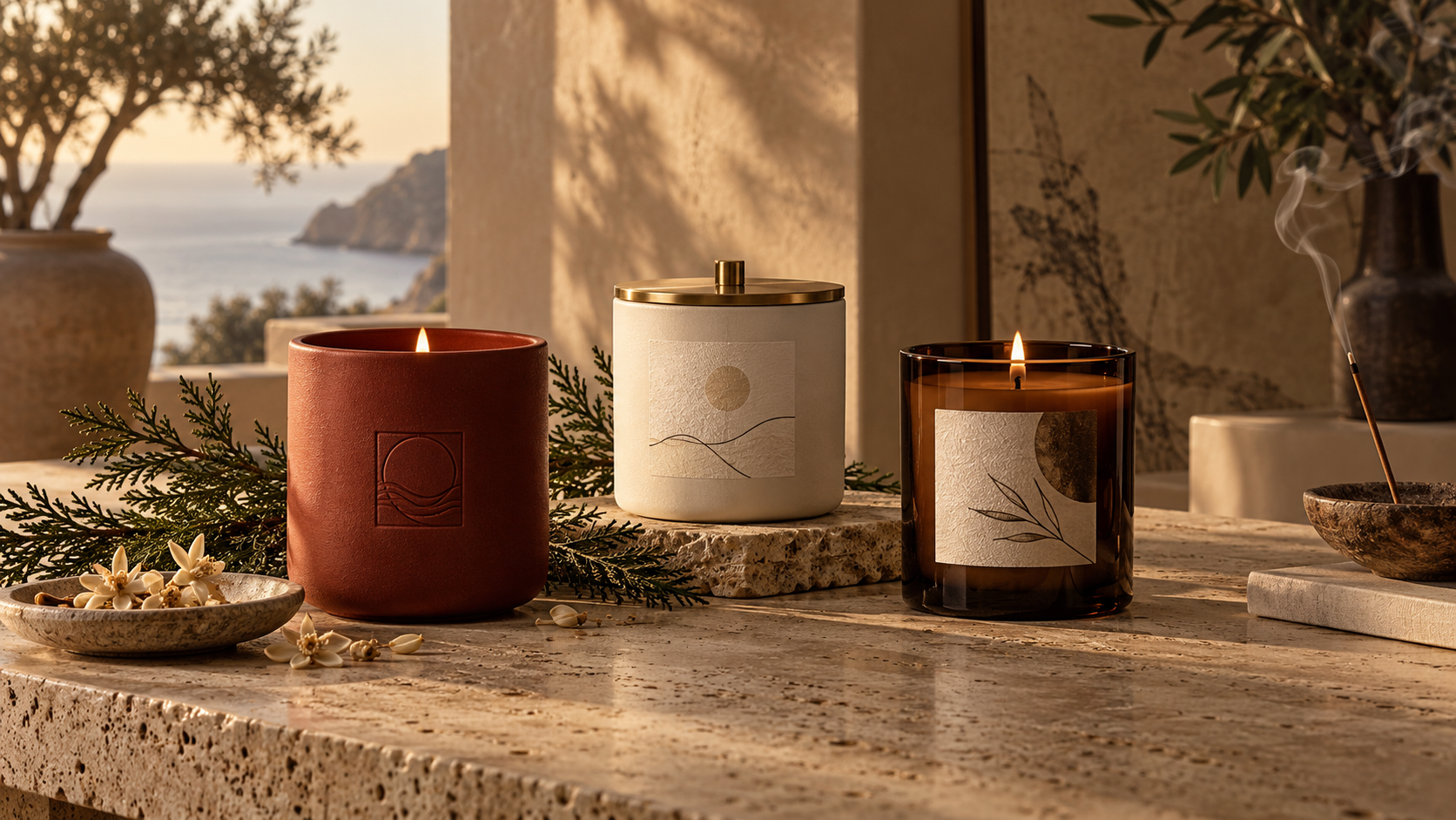 Modern Eastern Mediterranean candle vessels in lacquer red, ivory porcelain and tea-brown glass